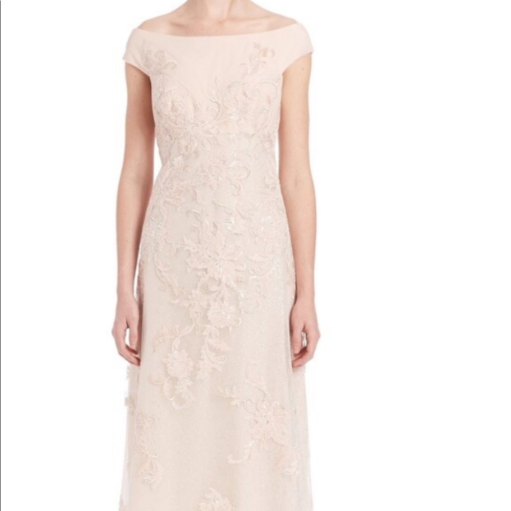 Teri Jon Off Shoulder Lace Evening Gown Pink